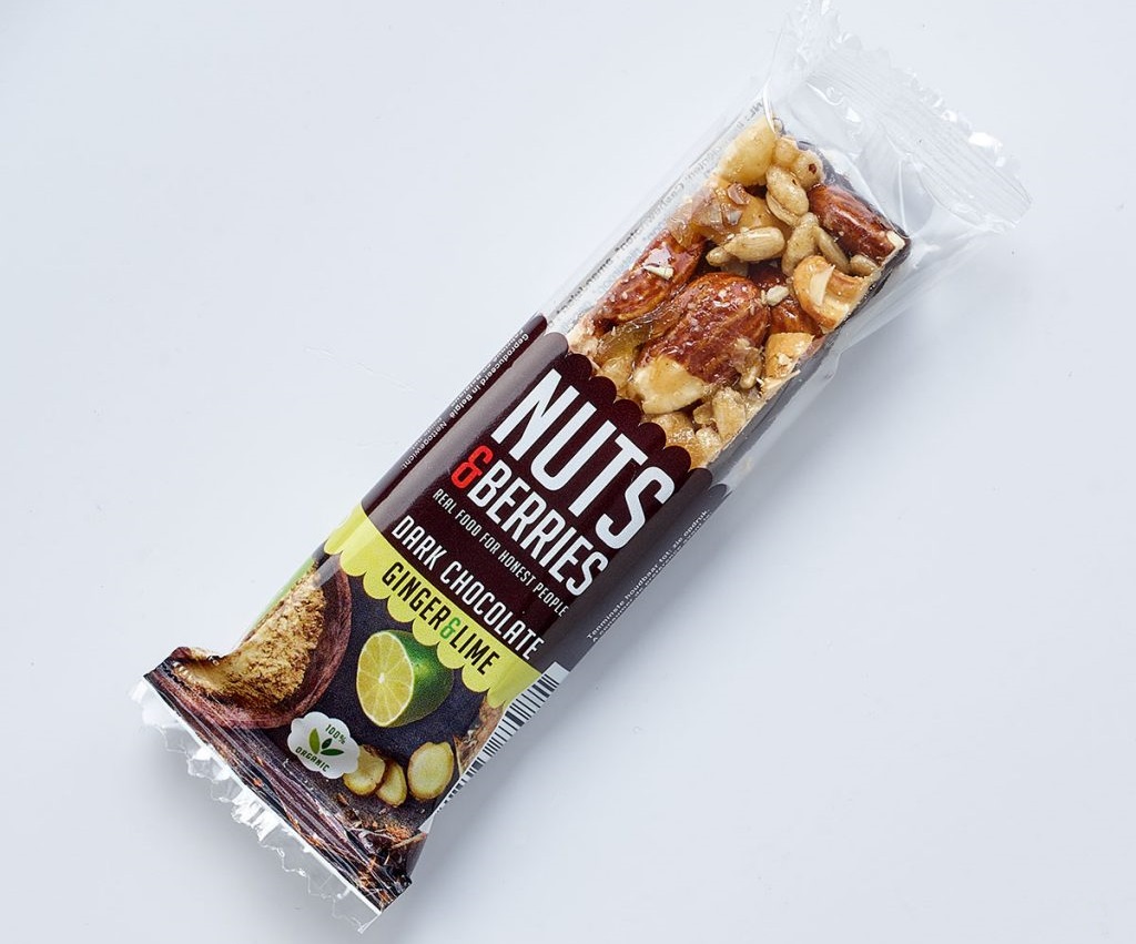 Organic Dark Chocolate + Ginger &amp; Lime Cruchy Nut Bar 40g