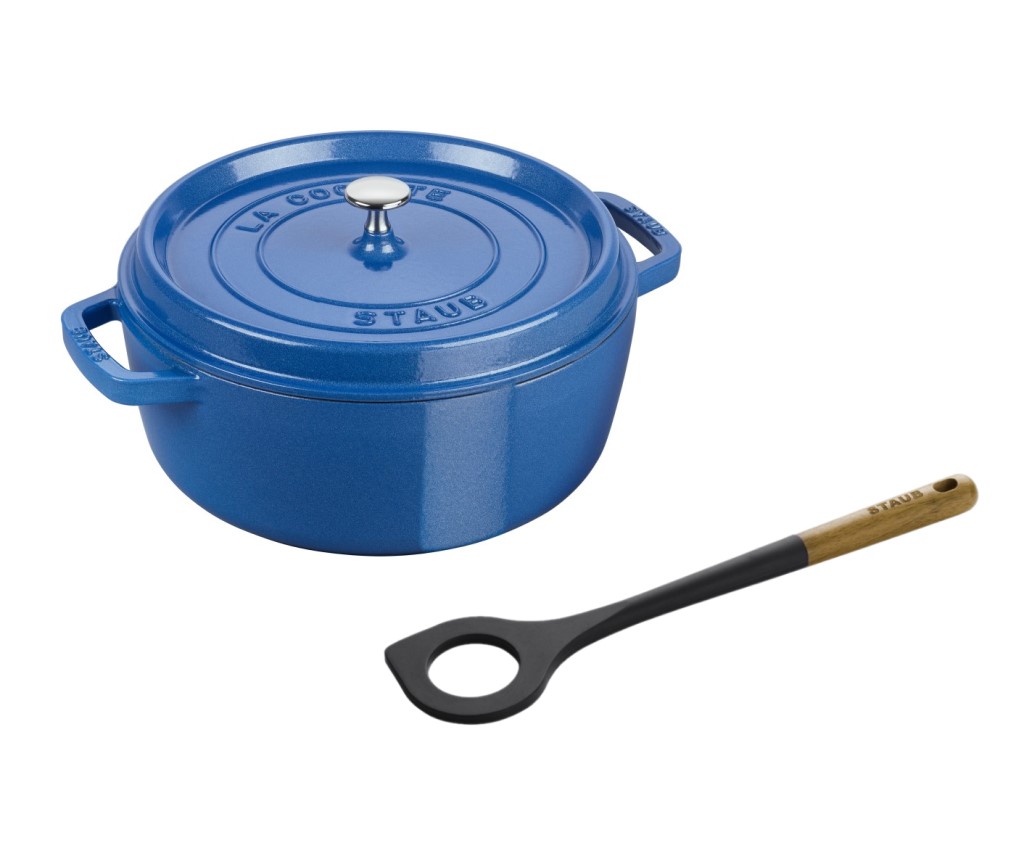Shallow Round Cocotte 28cm/5.7L (Metallic Blue) &amp; Risotto Spoon Set