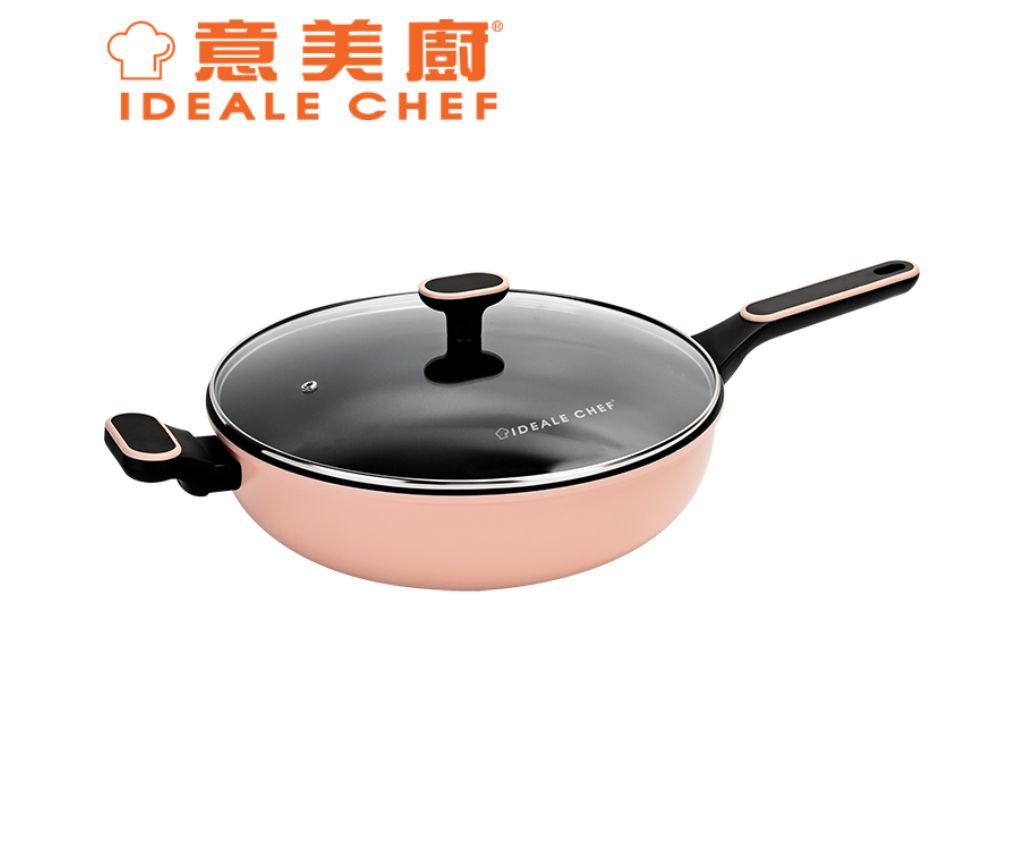 意美廚PINK PEARL陶瓷易潔 32X9CM/5.0L單柄炒鍋連玻璃蓋- 粉紅色 (IC21932W)