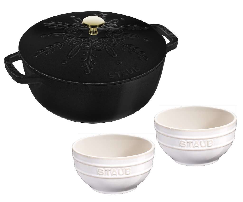 琺瑯鑄鐵法式雪花燉鍋 + 陶瓷碗套裝 (3件)