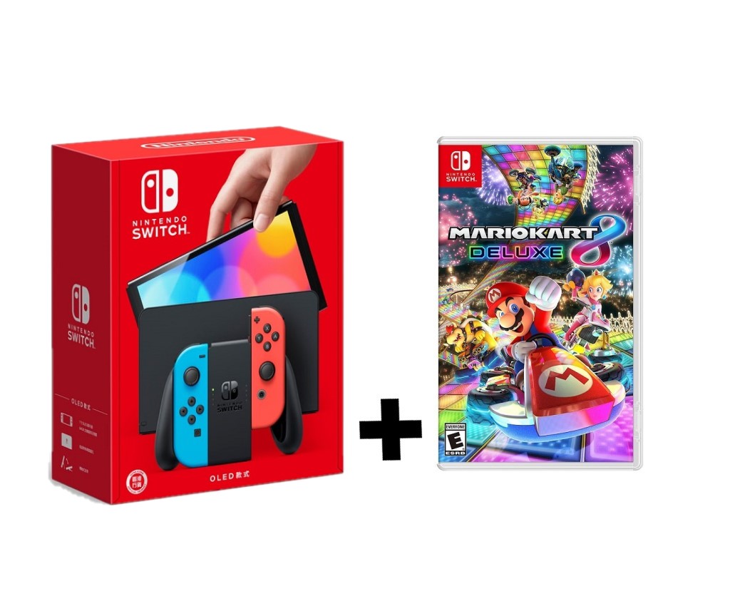 Switch (OLED Model) Console with Neon Blue/Neon Red Joy-Con + 1 Game