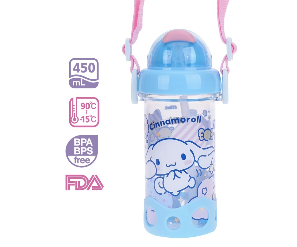 Sanrio Cinnamoroll 450ML BPA &amp; BPS FREE 膠水樽連飲管及頸繩