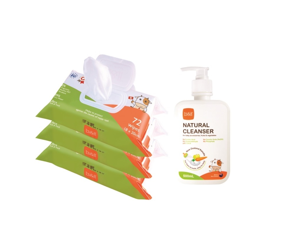 Cleanser Set (Baby Wet Wipes with Aloe Vera Extract - Fragrance Free 72pcs and Natural Bottle or Vegetables Cleanser)