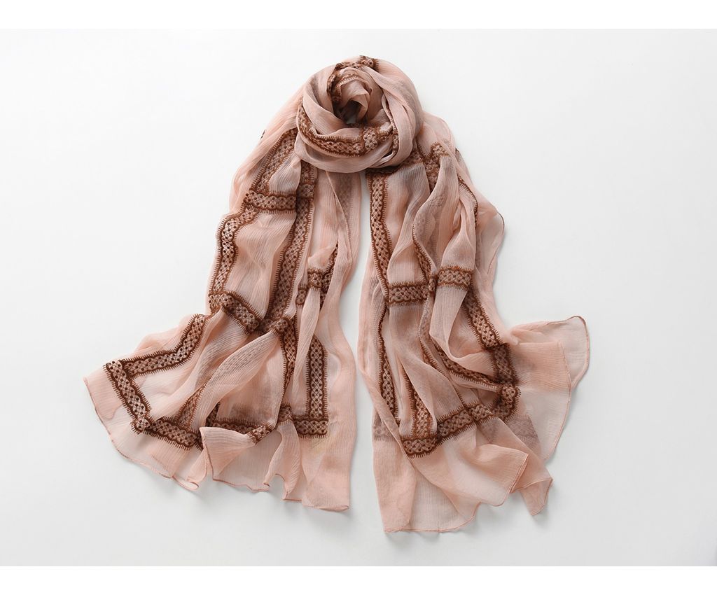 Silk chiffon scarves with embroidered (Peach)