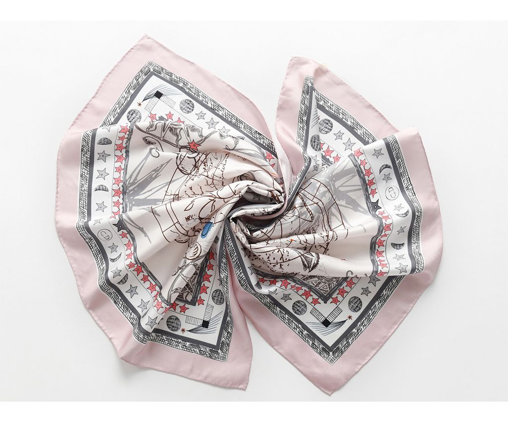 Silk twill print scarf with hand-rolled edges (Pink/white)