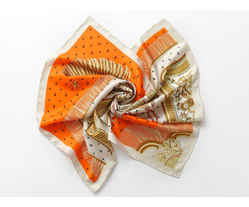 Silk twill print scarf with hand-rolled edges (Orange/Beige)