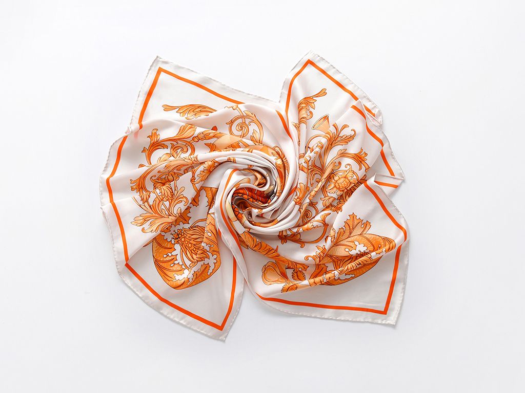 真絲手工卷邊緞面印花方巾 (橙/白色)