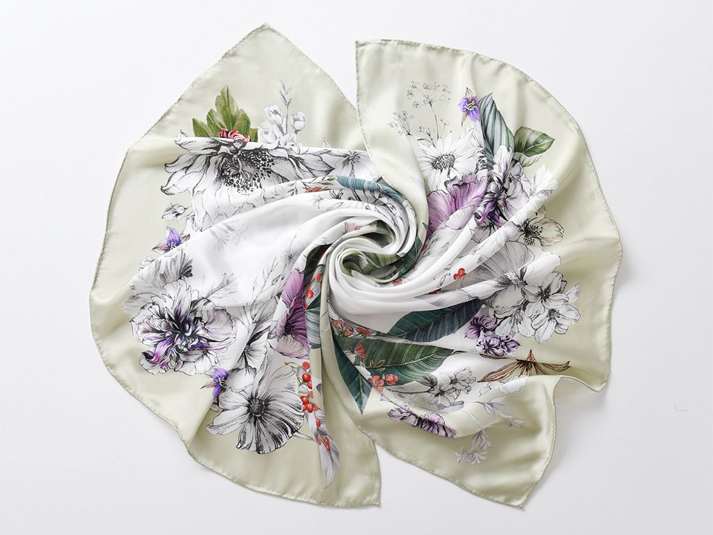 Silk satin print scarf with hand-rolled edges