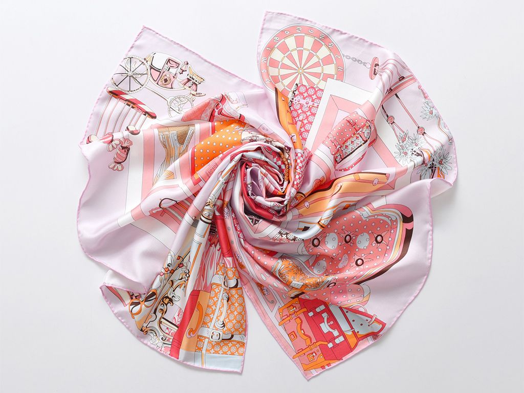 Silk twill print scarf with hand-rolled edges (Pink/Orange)