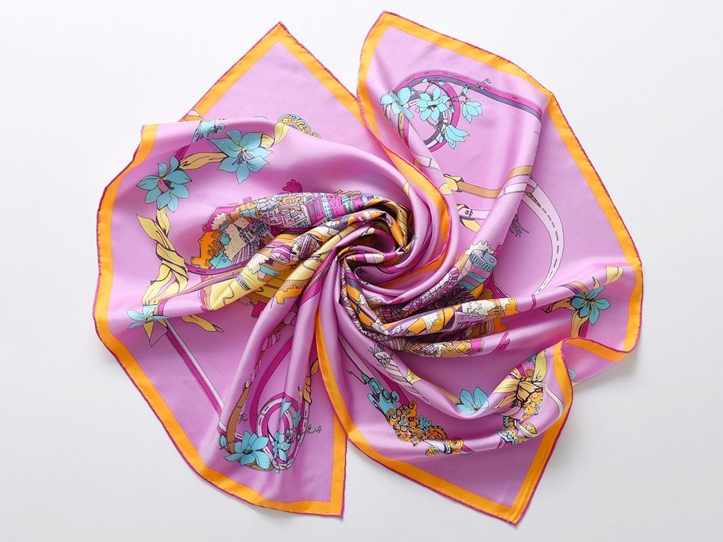 Silk twill print scarf with hand-rolled edges (purple)