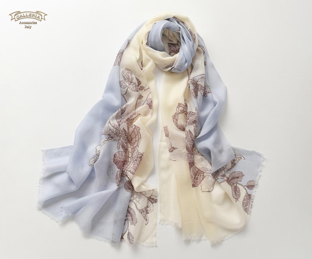 Pure Cashmere Print Scarves (Blue&amp;Ivory )