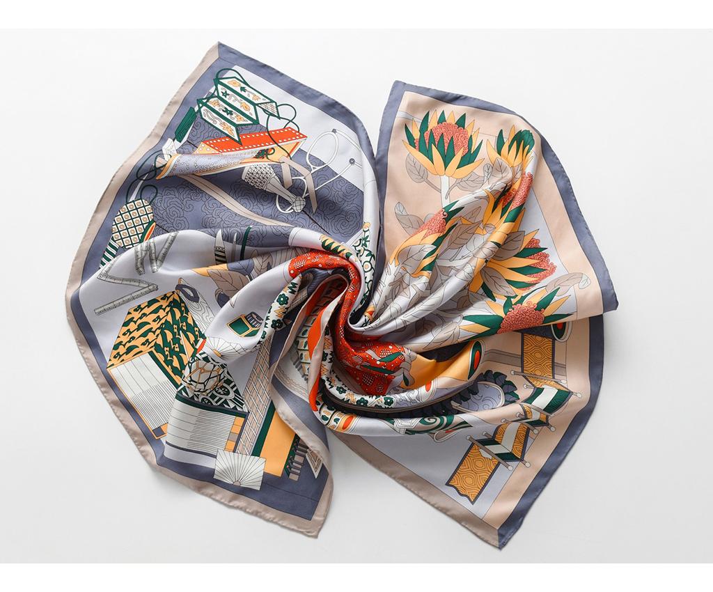 Silk twill print scarf with hand-rolled edges (Grey/Beige)