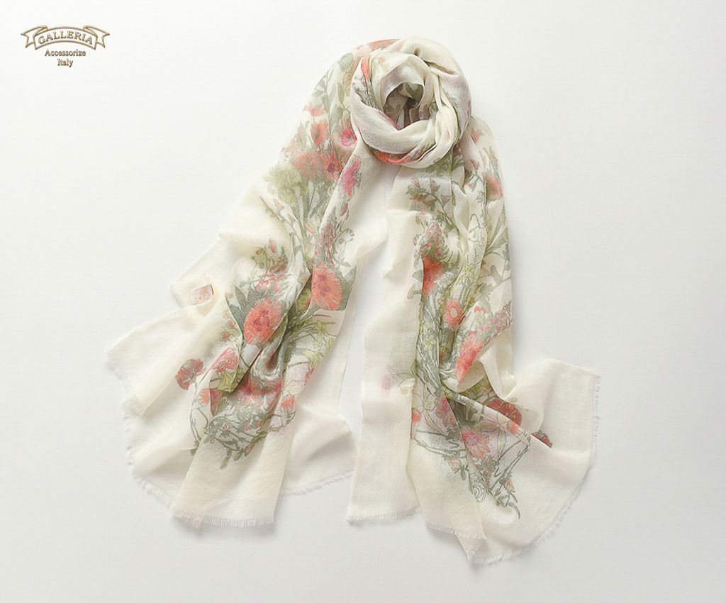 Pure Cashmere Print Scarves (Ivory&amp;Multi)