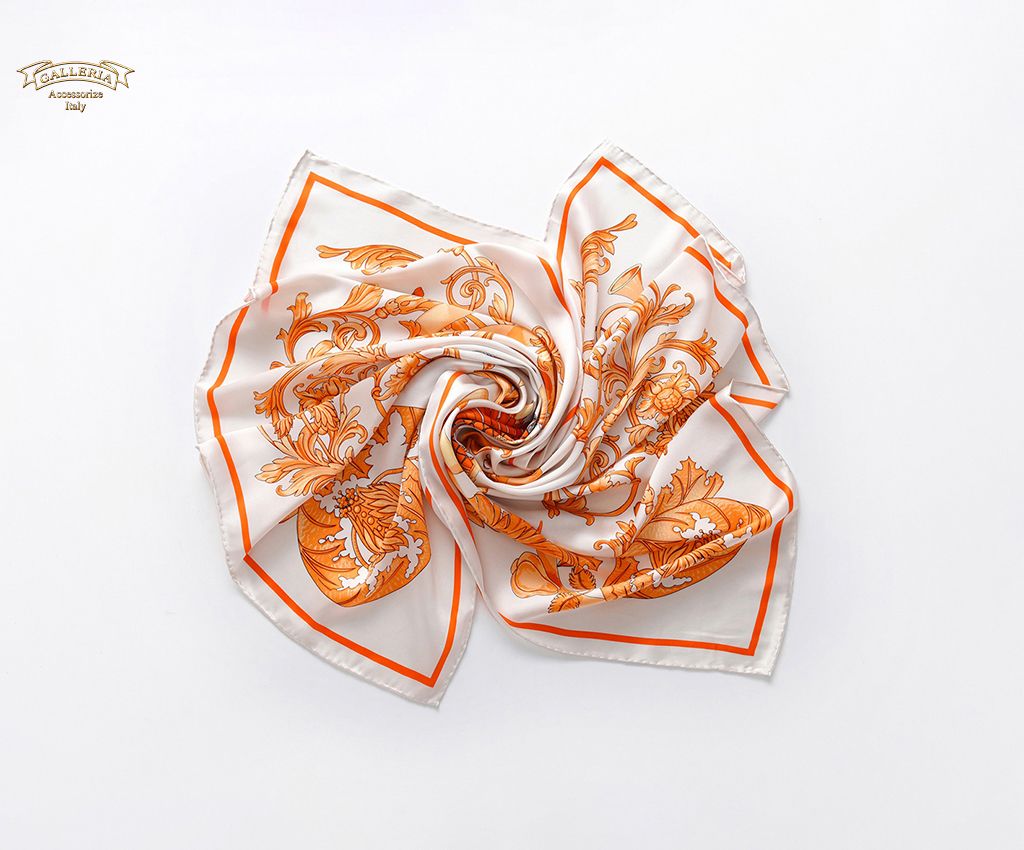 Silk satin print scarf with hand-rolled edges (ivory/orange)