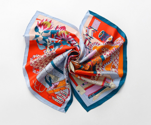 Silk twill print scarf with hand-rolled edges (Red/Blue)