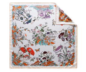 Silk twill print double-sided scarf with hand-rolled edges (peach/purple)