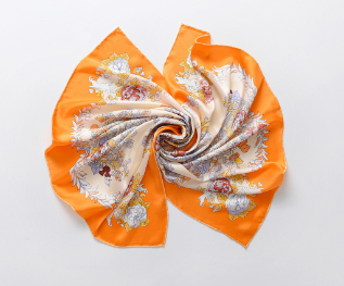Silk satin print scarf with hand-rolled edges (orange)