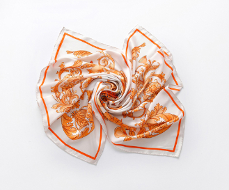 Silk satin print scarf with hand-rolled edges (ivory/orange)