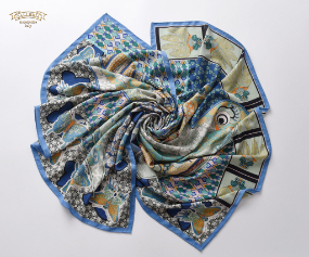 羊絨真絲印花大方巾 (藍綠色)