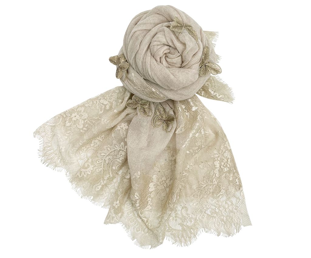 Embroidered Butterfly Cashmere Scarf- Beige