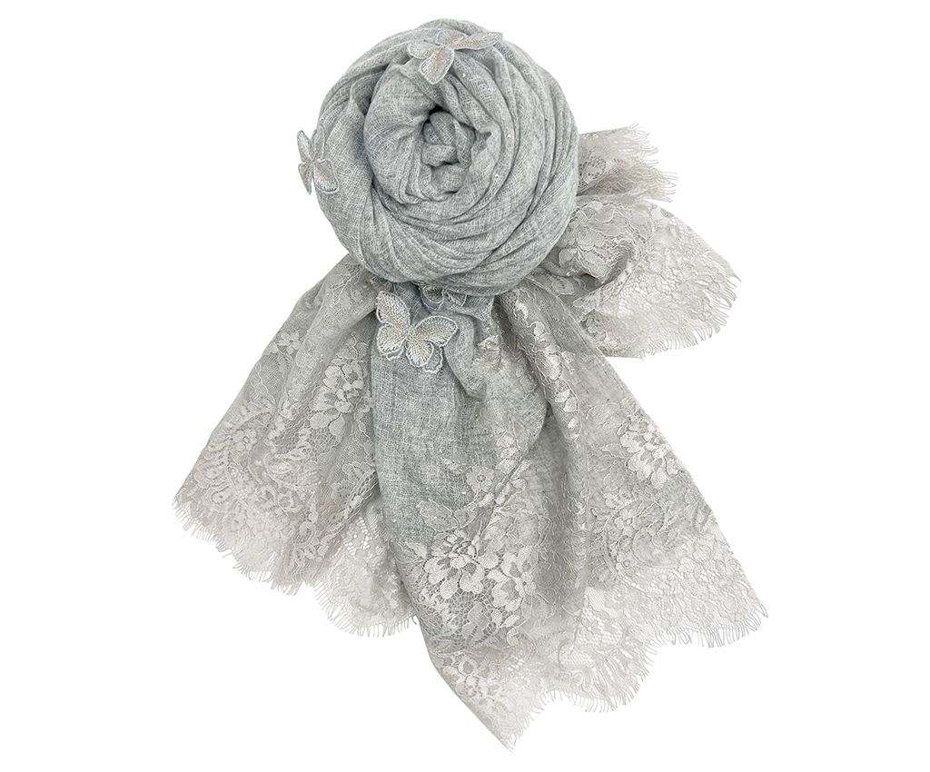 Embroidered Butterfly Cashmere Scarf- Grey