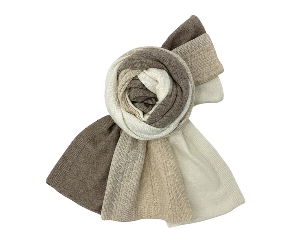 Tri-Color Cashmere Knit Shawl- Cream/Beige/Brown