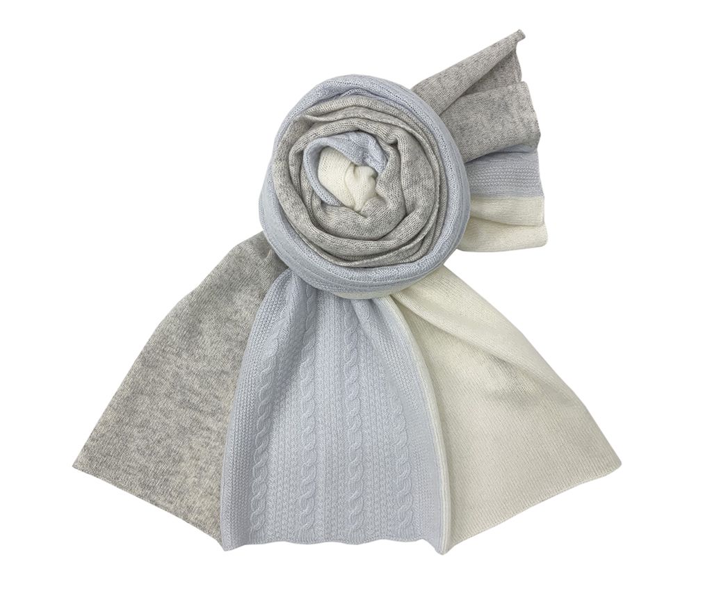 Tri-Color Cashmere Knit Shawl- Lt.Grey/Lt.Blue/Cream