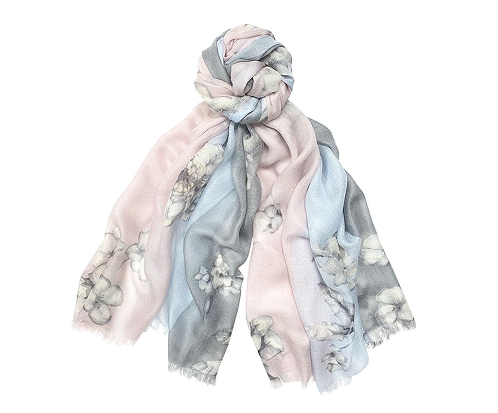 Tri-Color Cashmere Mixed Wool Scarf - Flower Printed, Blue