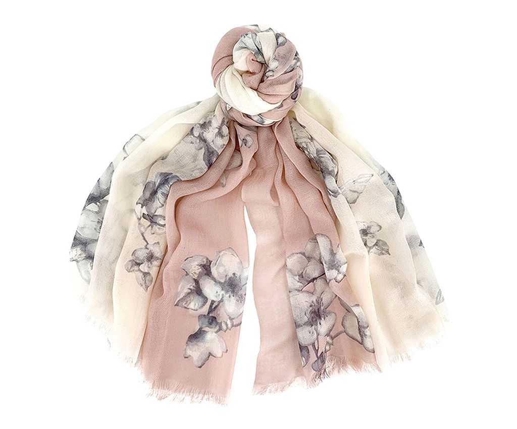 Tri-Color Cashmere Mixed Wool Scarf - Flower Printed, Pink