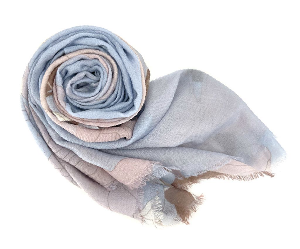 Cashmere Mixed Wool Scarf - Rhododendron Printed, Blue