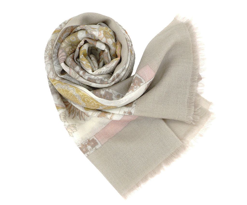 Cashmere Mixed Wool Scarf - Fan Flower Printed, Brown