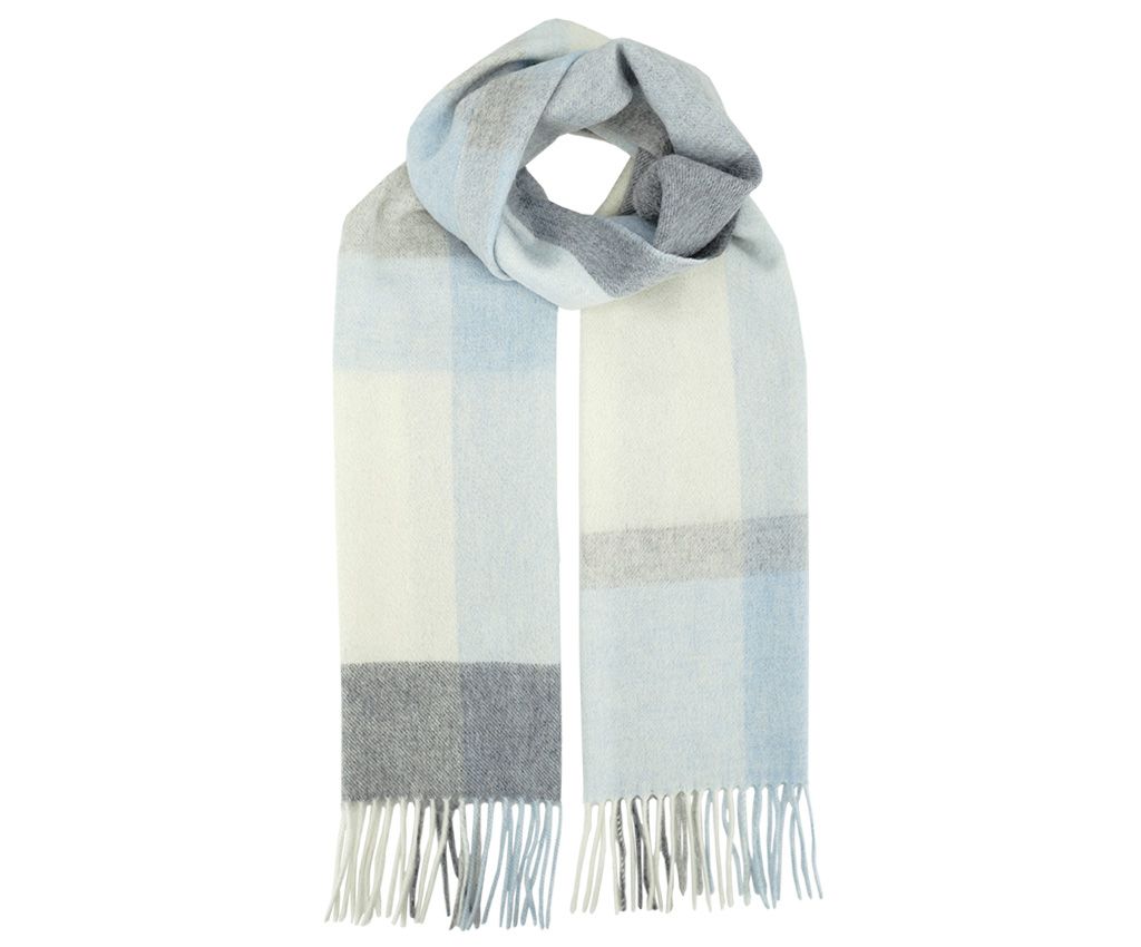 100% Cashmere Plaid Scarf- Lt.Blue/Grey/White