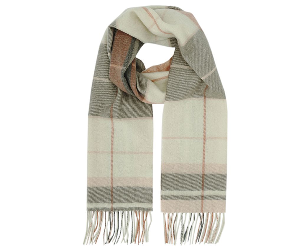 100% Cashmere Plaid Scarf- Orange/ White/Grey