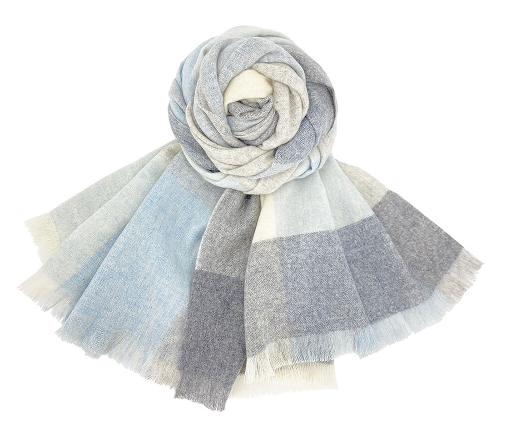 100% Cashmere Plaid shawl- Lt.Blue/Grey/White