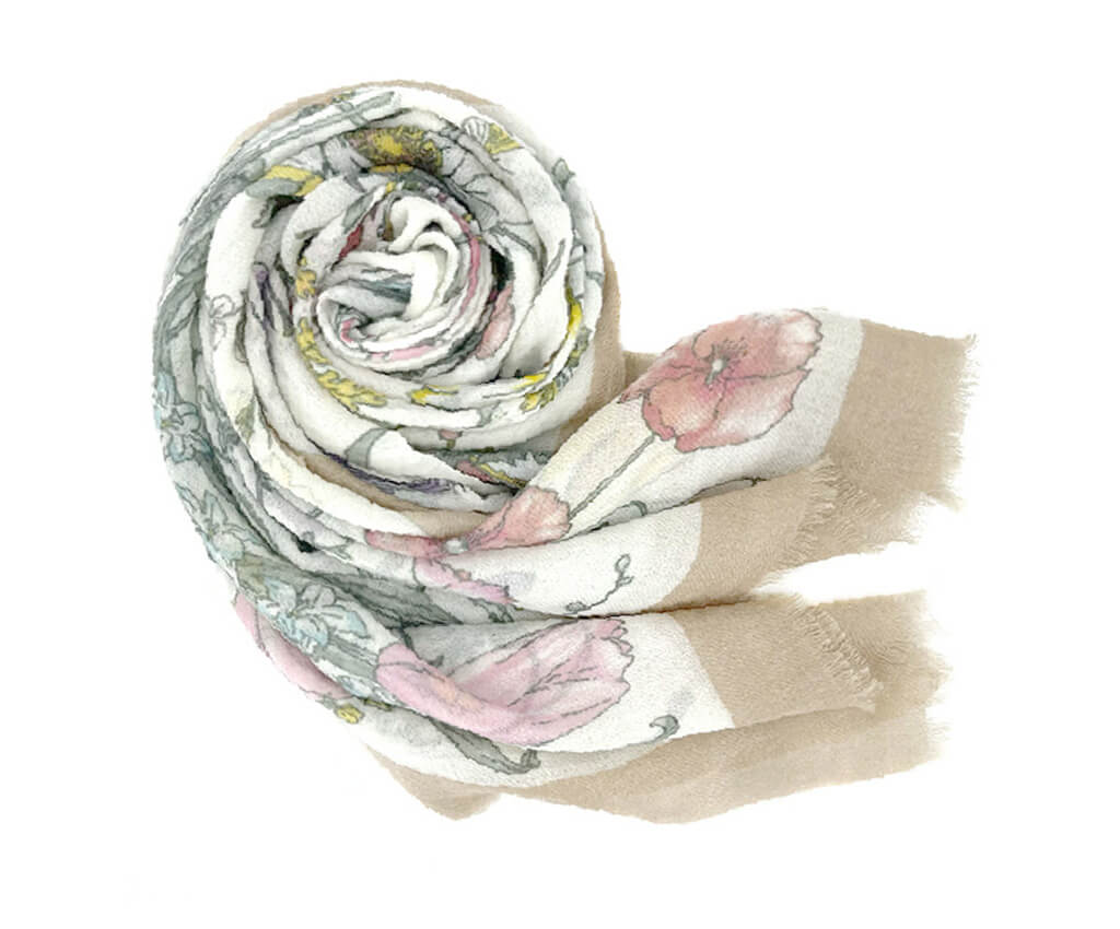 Cashmere Scarf- Rural Flower Printed, Brown