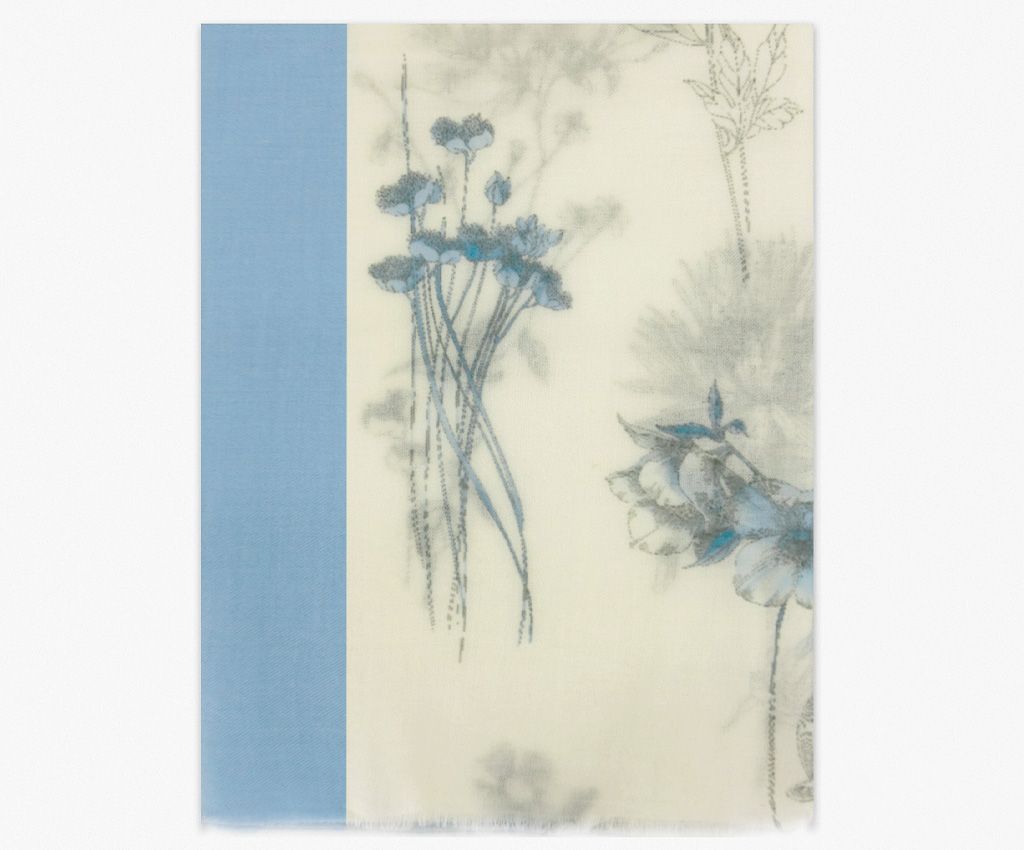 Cashmere Mixed Wool Printed Scarf-Tricolor Print, Light Blue