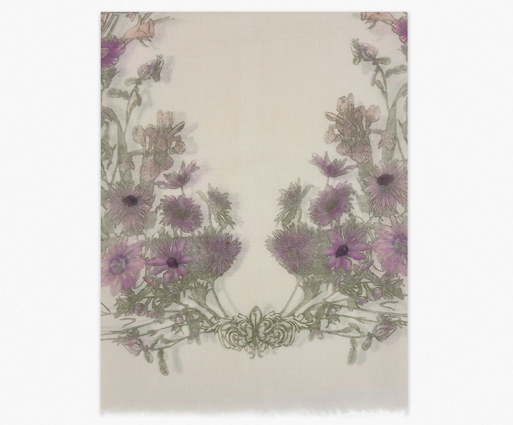 Cashmere Mixed Wool Printed Scarf-Purple Floral Wreath, Purple