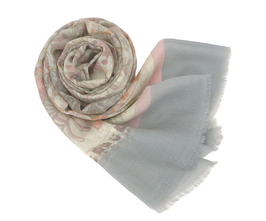 Cashmere Mixed Wool Printed Scarf-Fan Flowers, Gray