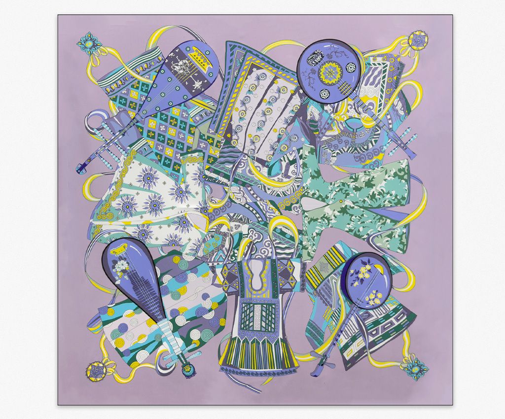 100% Silk Printed Scarf-Melody of Joy, Purple/Blue