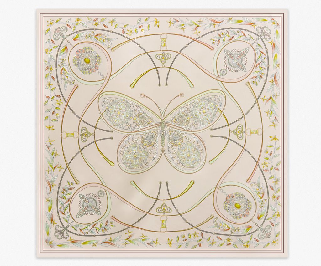 100% Silk Printed Scarf-Butterfly Dance, Pink/Green