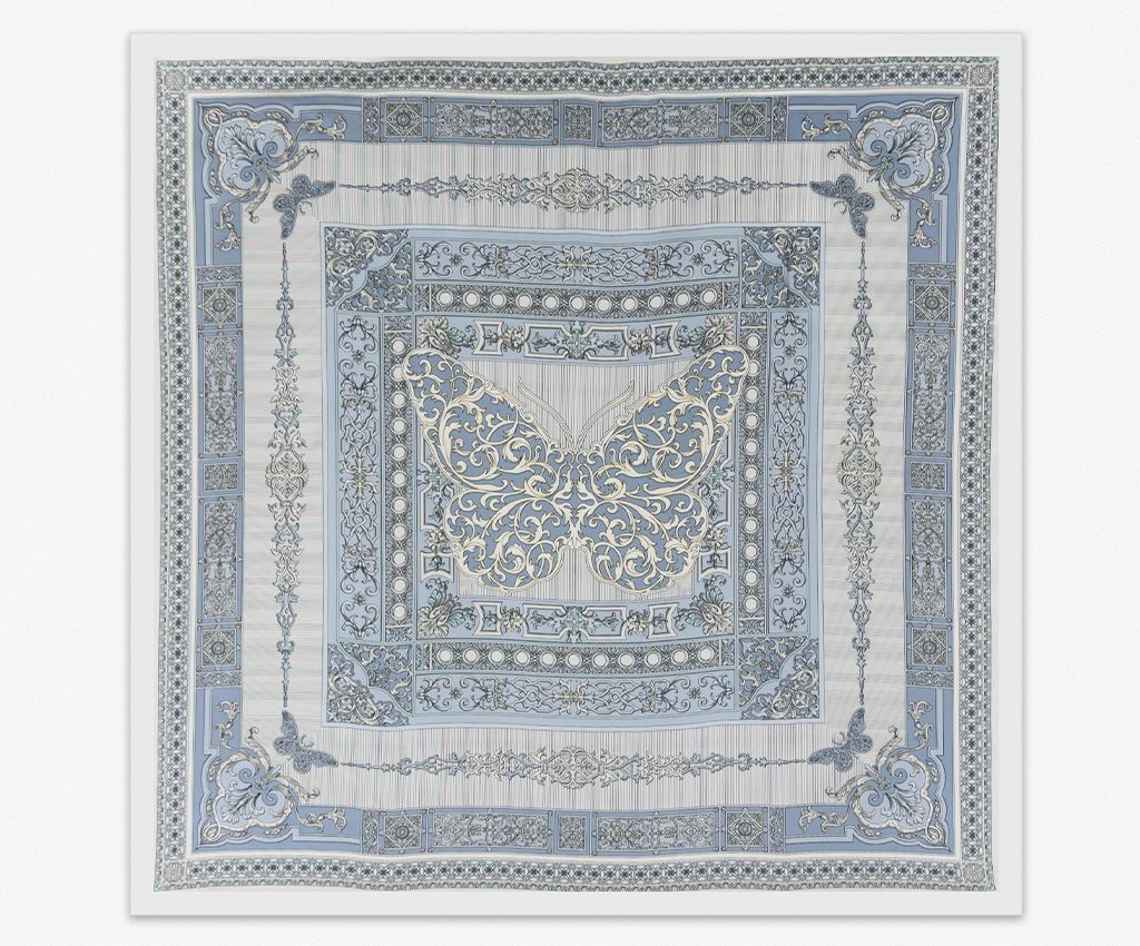 100% Silk Printed Scarf-Butterfly Charm, Light Gray-Blue