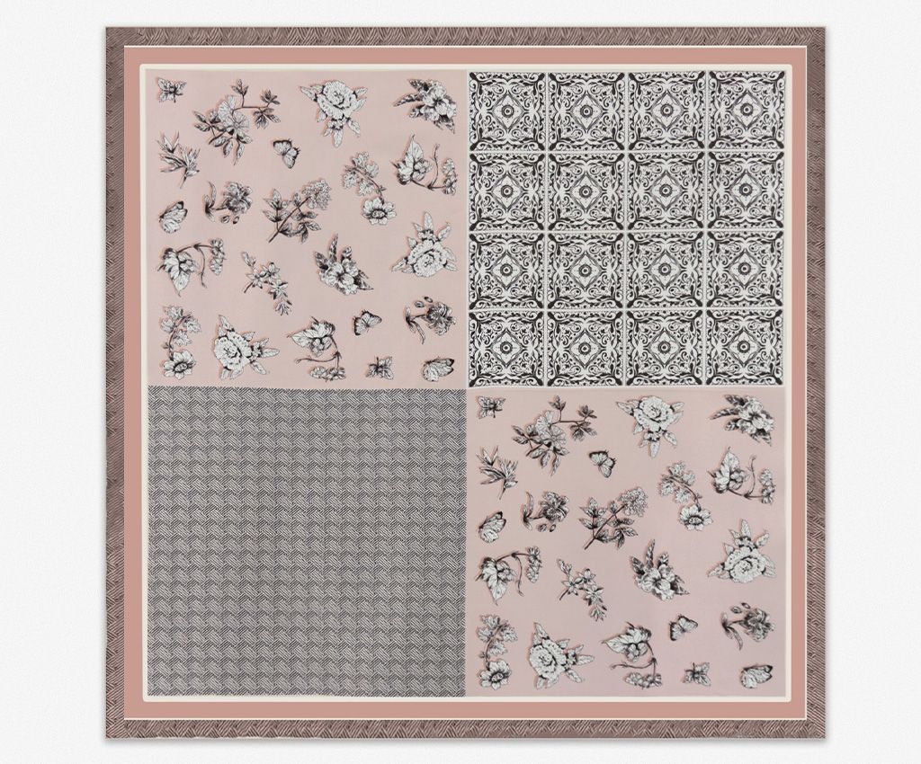 100% Silk Printed Scarf-Floral Geometry, Light Blue