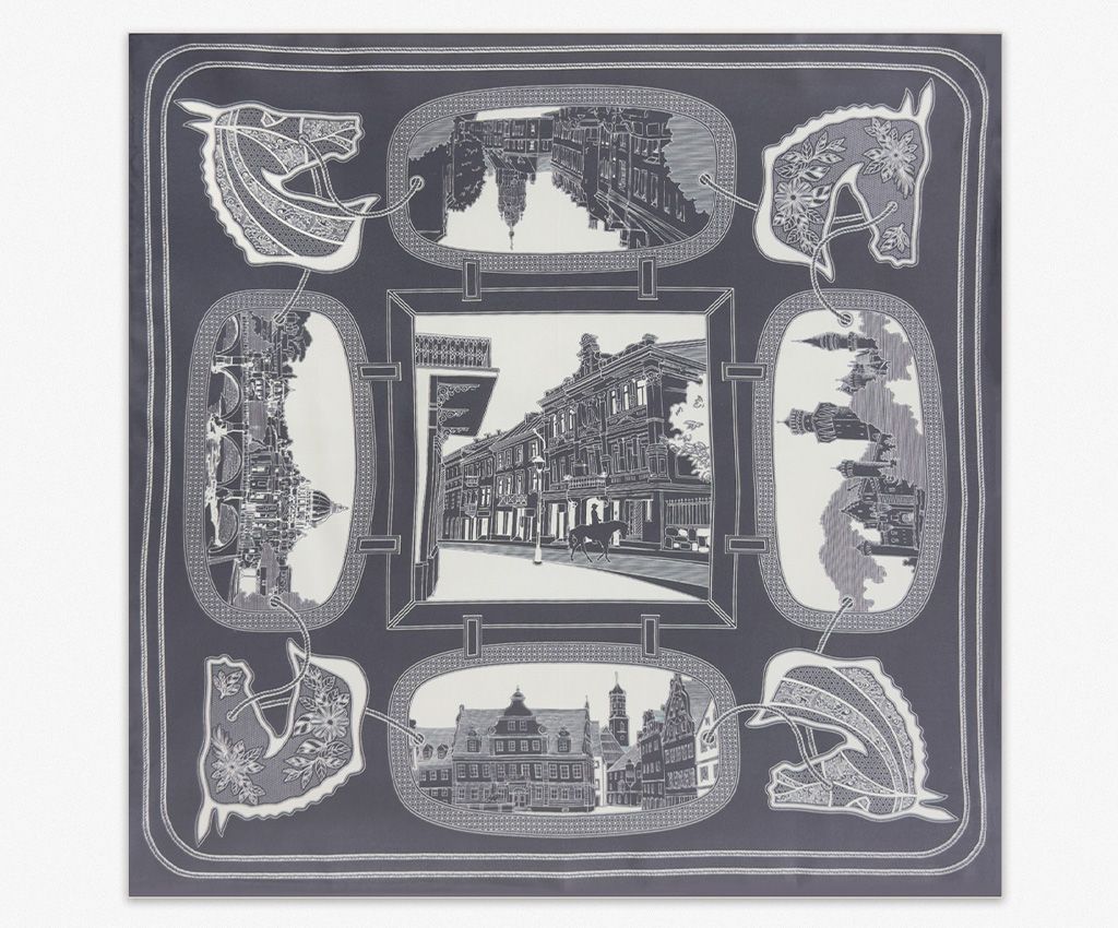 100% Silk Printed Scarf-Horse and City, Dark Blue/Brown