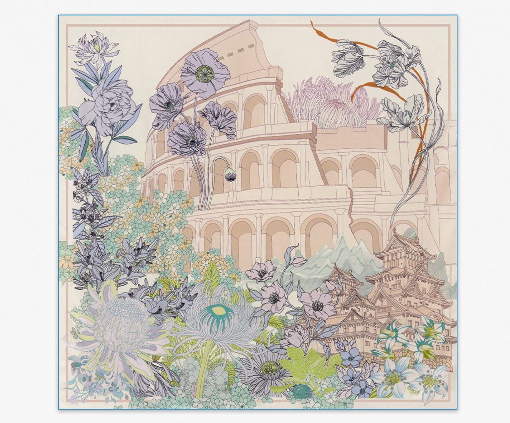 真絲混羊毛雙面印花方巾-花卉競技