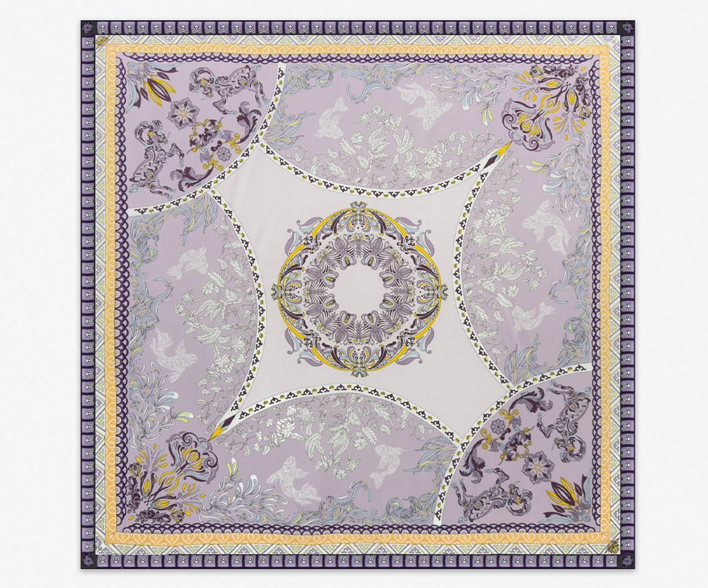 純真絲雙面印花方巾-對稱世界,紫色/灰色色