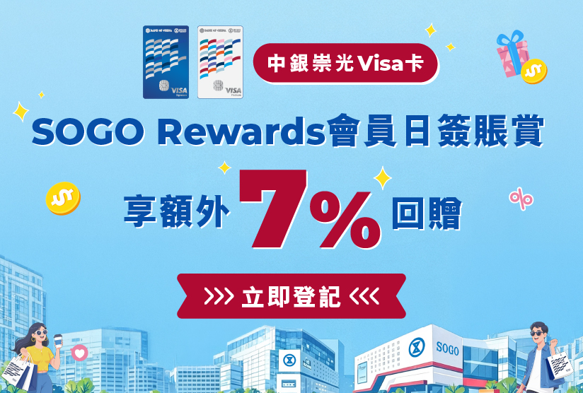 中銀崇光Visa卡 – SOGO Rewards會員日簽賬賞享額外7%回贈